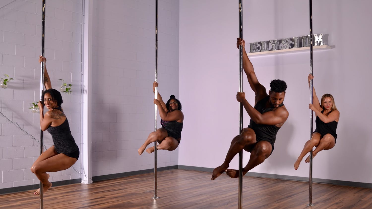 Elysium instructors Sandra, Yonce and Amy lead a pole dancing class exercise to help empower Elysium members to improve self-confidence, improve education of body-positive dance moves and develop skills to make you feel more confident in your own skin. A variety of classes, including pole and chair dance, yoga and twerk, are offered to new and experienced students looking to feel empowered.