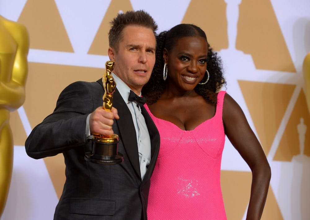 Best Supporting Actor Sam Rockwell, "Three Billboards Outside Ebbing, Missouri," and presenter Viola Davis backstage at the 90th Academy Awards on Sunday, March 4, 2018, at the Dolby Theatre at Hollywood & Highland Center in Hollywood. (Scott Varley/TNS)