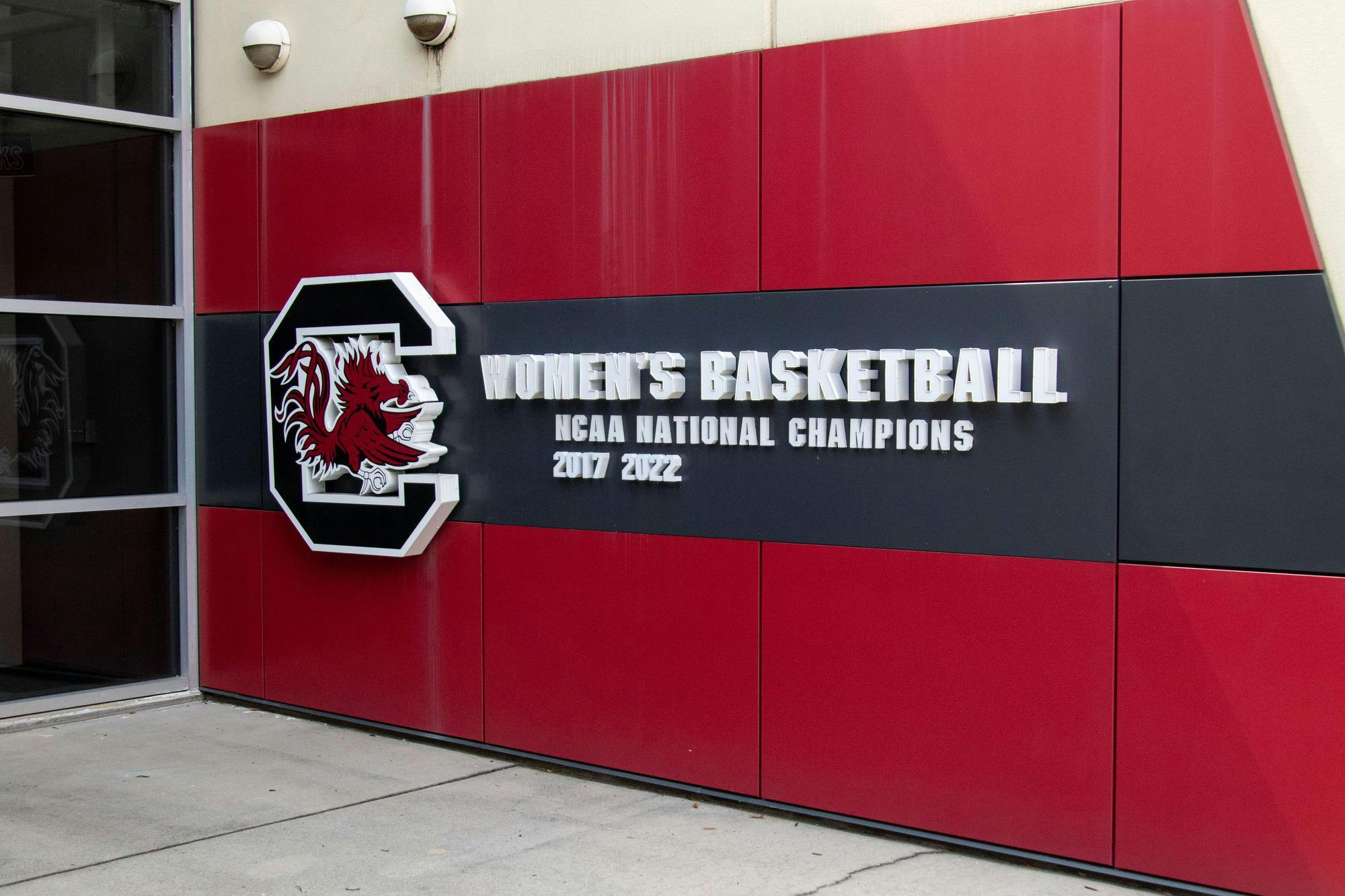 The USC logo next to the women's basketball lettering outside of the USC practice facility on July 27, 2024. The practice facility is used by the USC women's basketball team.