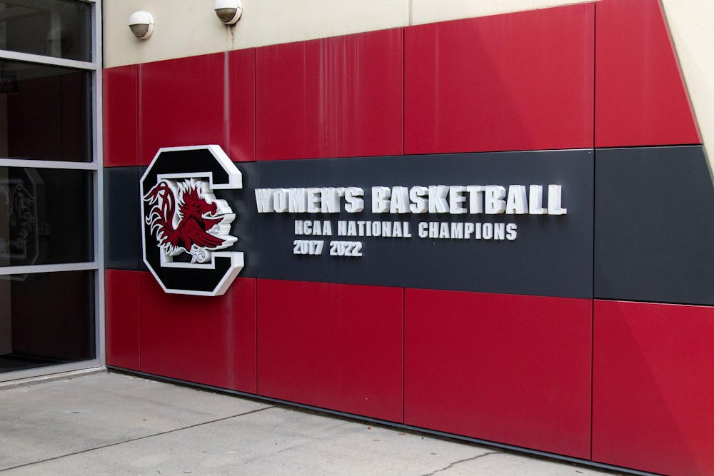 <p>The USC logo next to the women's basketball lettering outside of the USC practice facility on July 27, 2024. The practice facility is used by the USC women's basketball team.</p>