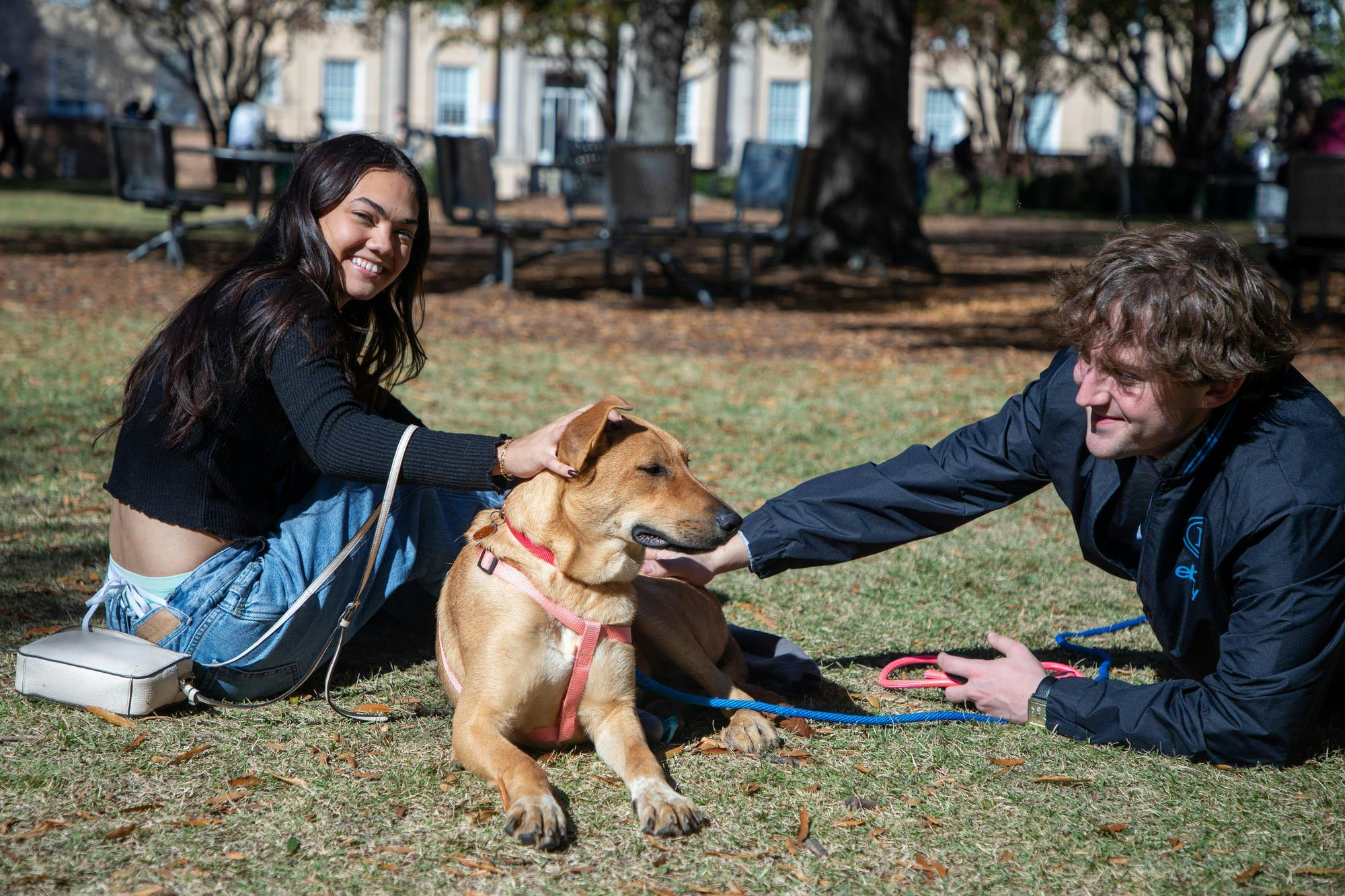Fourth-year psychology student Isabella Brasch and fourth-year international business student Will Jordan pet Tyra outside the Russell House on Nov. 14, 2025. The Phi Alpha Delta fraternity brought several dogs from Final Victory Animal Rescue to a tabling event outside Russell for students to pet and play with.