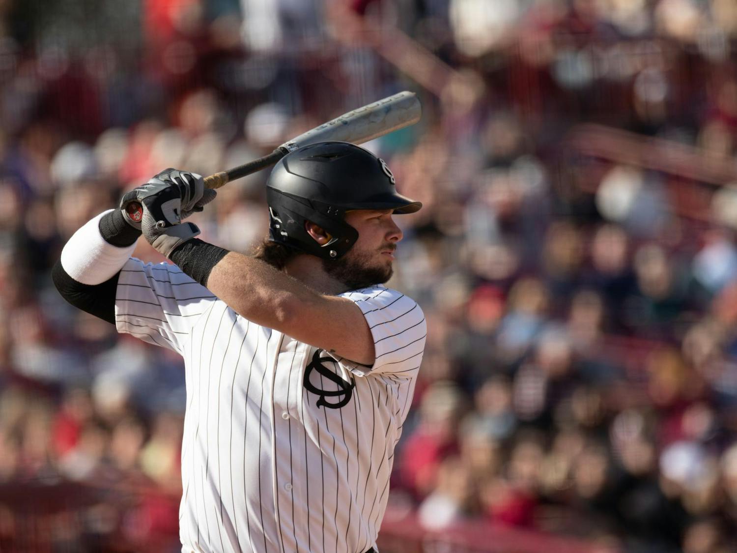 Junior catcher Cole Messina prepares for the pitch during South Carolina's game against Belmont on Feb. 24, 2024, at Founders Park. Messina went 1-4 during the Gamecocks' 11-2 loss to the Bruins.