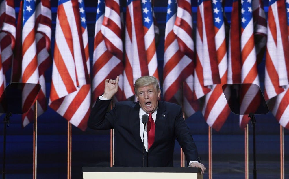 Republican presidential candidate Donald Trump accepts the party's nomination on the last day of the Republican National Convention on Thursday, July 21, 2016, at Quicken Loans Arena in Cleveland. (Olivier Douliery/Abaca Press/TNS)