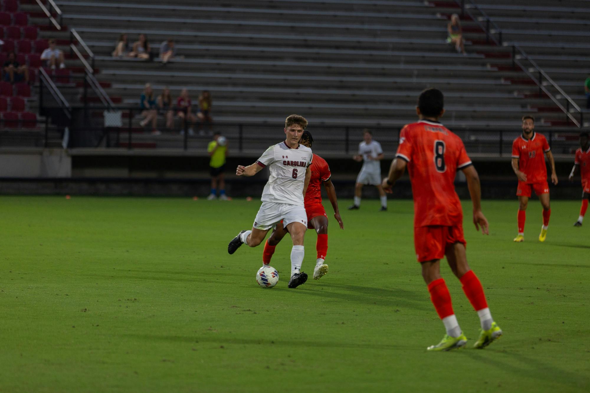 Senior mid-fielder Laurits Lillemose looks for a teammate to pass to after stealing the ball from an opponent during a game against Campbell on Sept. 17, 2022. South Carolina defeated Campbell Camels 1-0