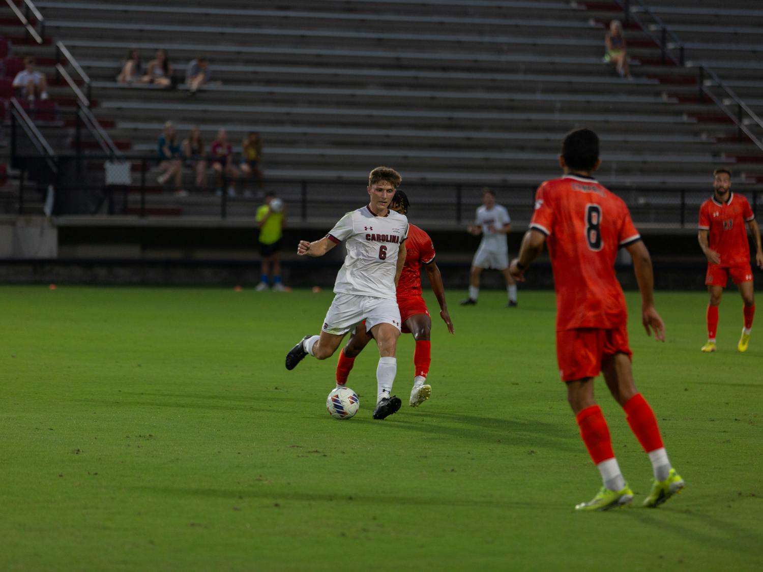 Senior mid-fielder Laurits Lillemose looks for a teammate to pass to after stealing the ball from an opponent during a game against Campbell on Sept. 17, 2022. South Carolina defeated Campbell Camels 1-0