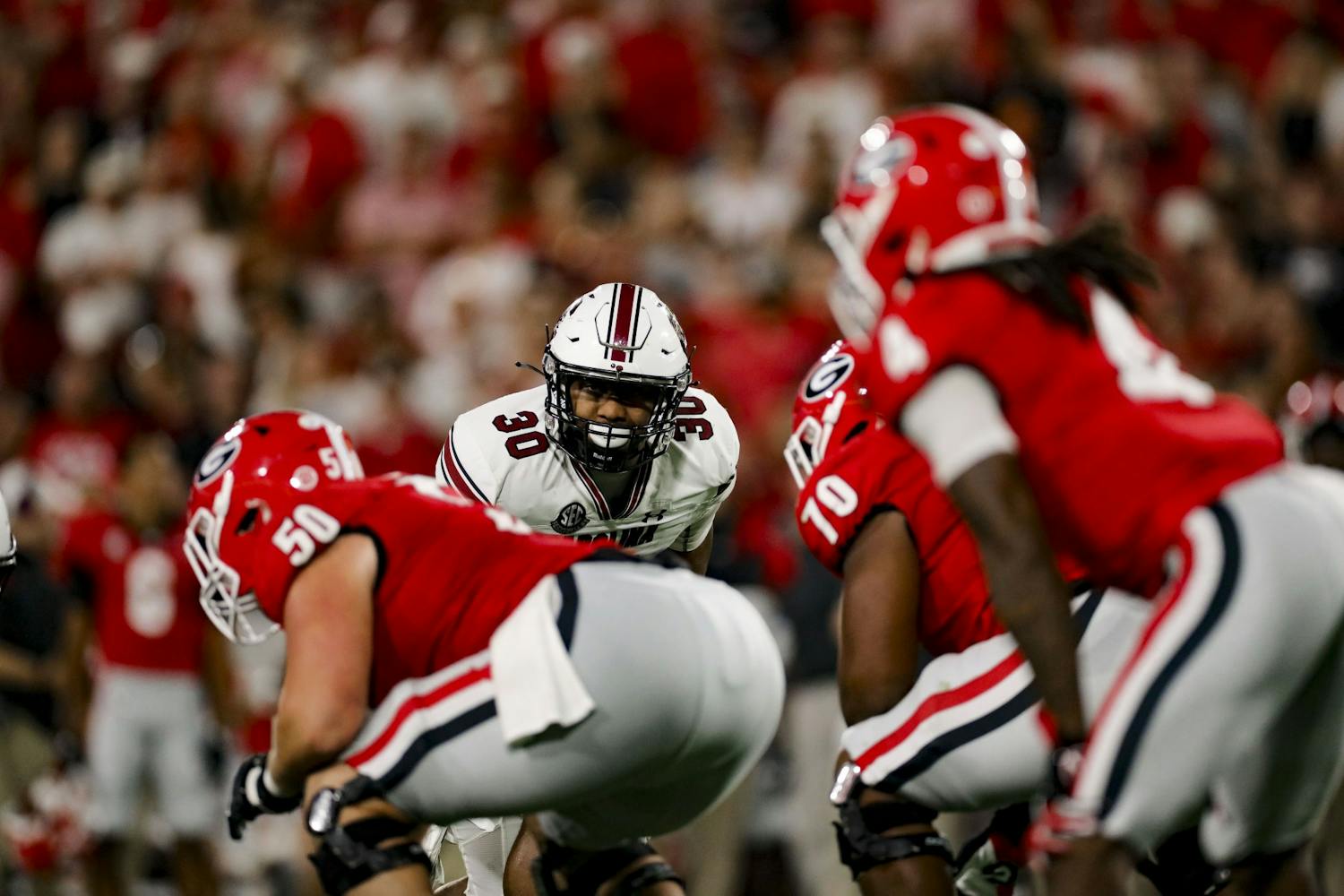 Fifth-year linebacker Damani Staley observes Georgia's offense before a play in South Carolina's game against Georgia on Sept. 18, 2021.