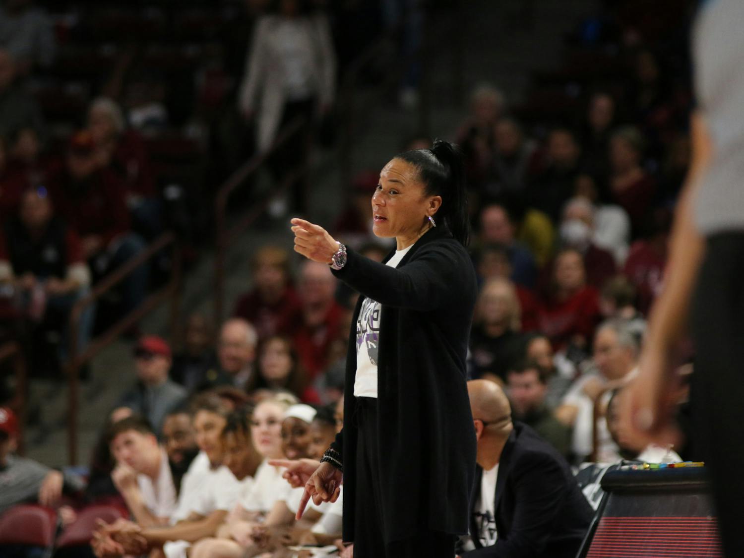 Dawn Staley coaches her team from the sidelines on Jan. 22, 2023. The Gamecocks defeated Arkansas 92-46.