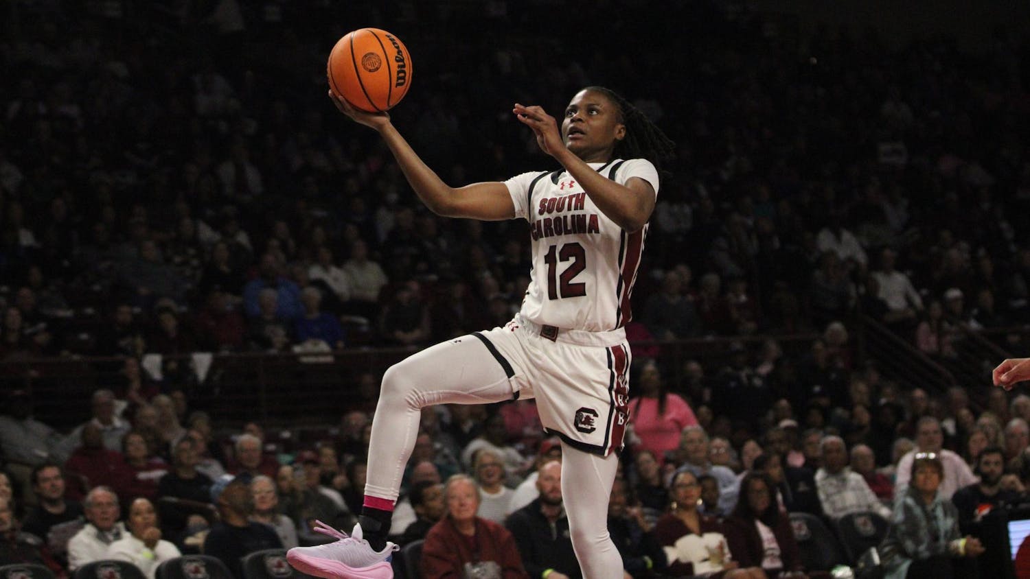 FILE — Sophomore guard MiLaysia Fulwiley goes for a layup in game against Florida on Feb.13, 2025, at Colonial Life Arena. Fulwiley was named 2023 McDonald’s All American.