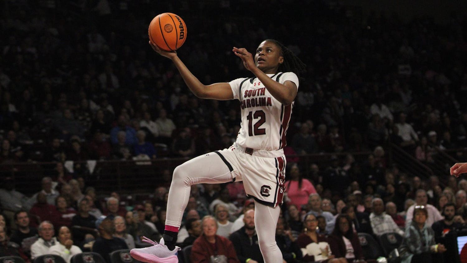 FILE — Sophomore guard MiLaysia Fulwiley goes for a layup in game against Florida on Feb.13, 2025, at Colonial Life Arena. Fulwiley was named 2023 McDonald’s All American.