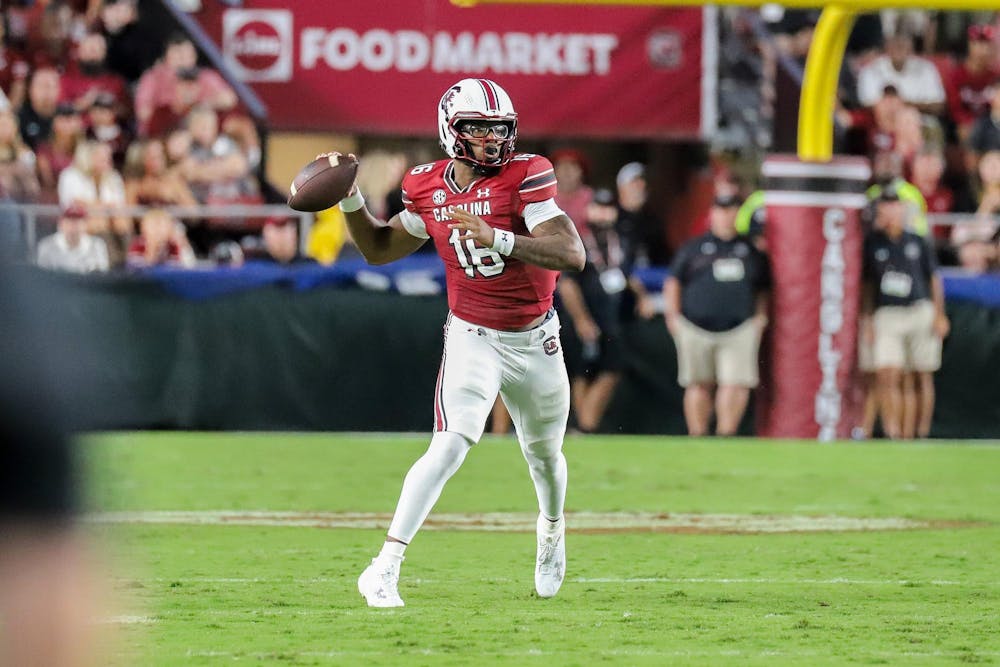 <p>Then true freshman quarterback LaNorris Sellers prepares to pass the ball at Williams-Brice Stadium during the Gamecocks' matchup against Furman on Sept. 9, 2023. LaNorris is one of four contenders to take over as the starting quarterback for the 2024 season.</p>