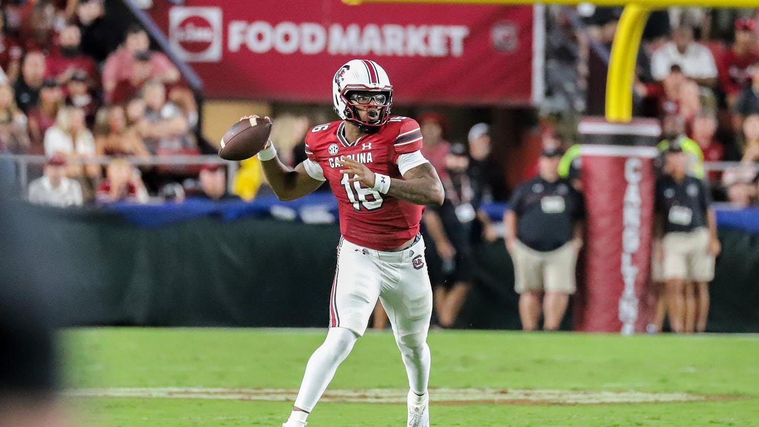 Then true freshman quarterback LaNorris Sellers prepares to pass the ball at Williams-Brice Stadium during the Gamecocks' matchup against Furman on Sept. 9, 2023. LaNorris is one of four contenders to take over as the starting quarterback for the 2024 season.