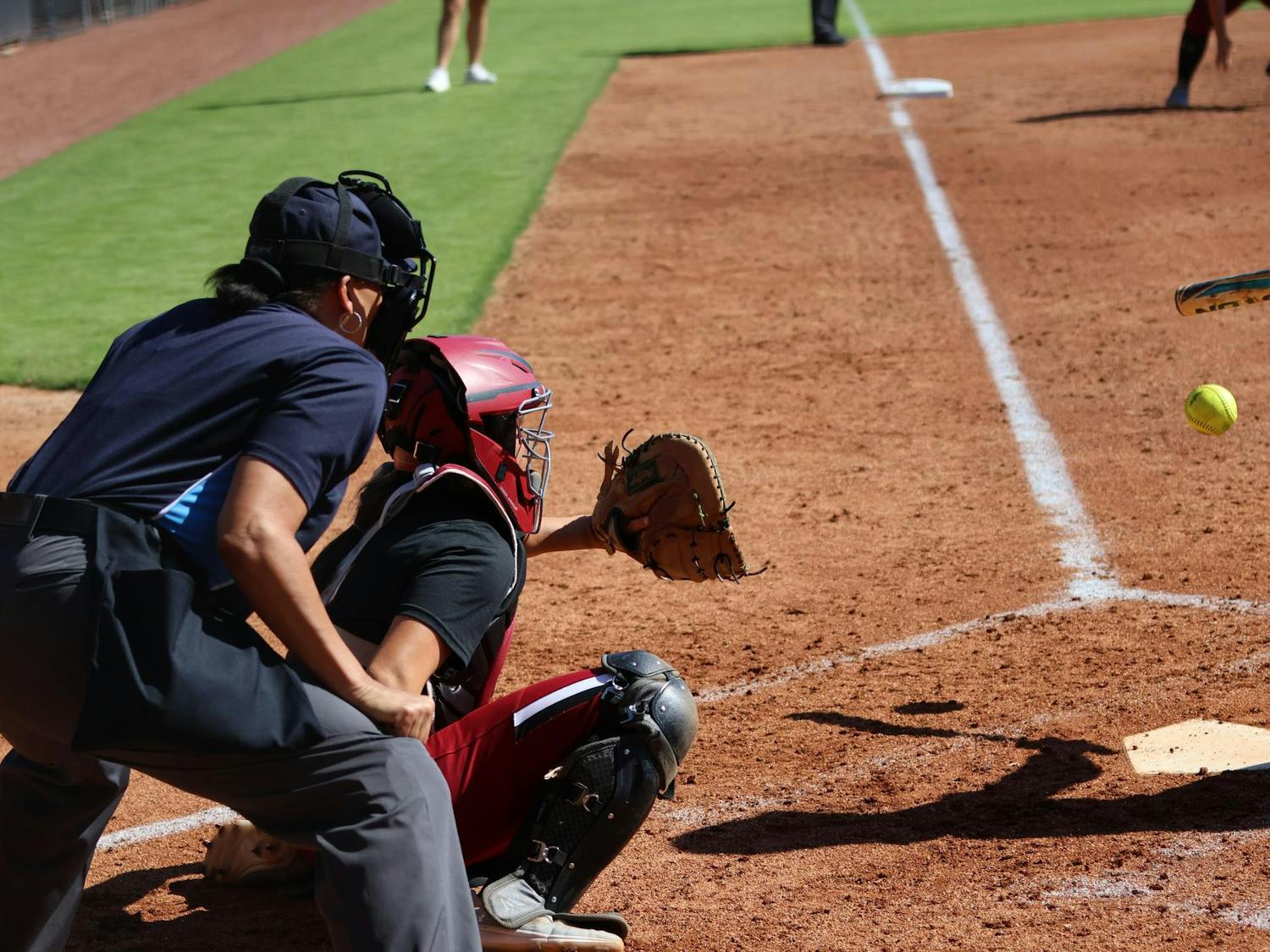 Junior catcher Lexi Winters prepares to catch the ball on Oct. 12, 2024, during South Carolina's game against USC Aiken. Lexi won the ACC's Defensive Player of the Year at UNC-Charlotte during the 2024.