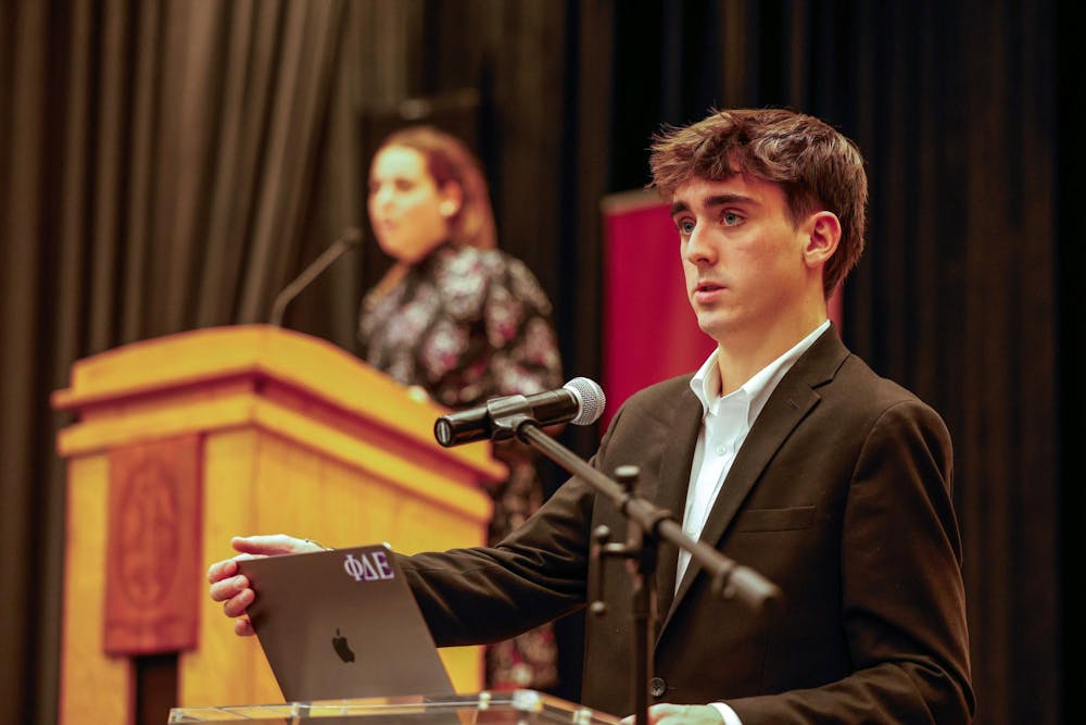 <p>Third year pre-medical public health student and Senator William Barnes speaks during a student senate meeting at the Russell House Theater on Oct. 23, 2024. Barnes represents the Arnold School of Public Health and serves as Chairman of the Student Life Committee.</p>