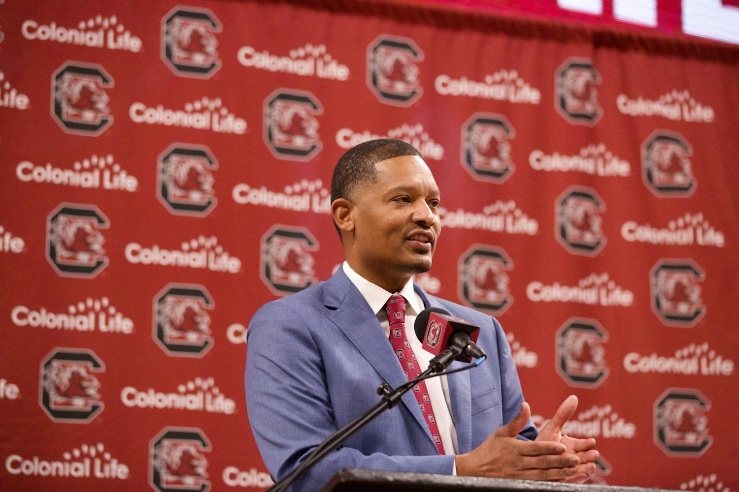 New men’s basketball coach Lamont Paris during his introductory press conference on March 24, 2022. The press conference was held on the floor of Colonial Life Arena.