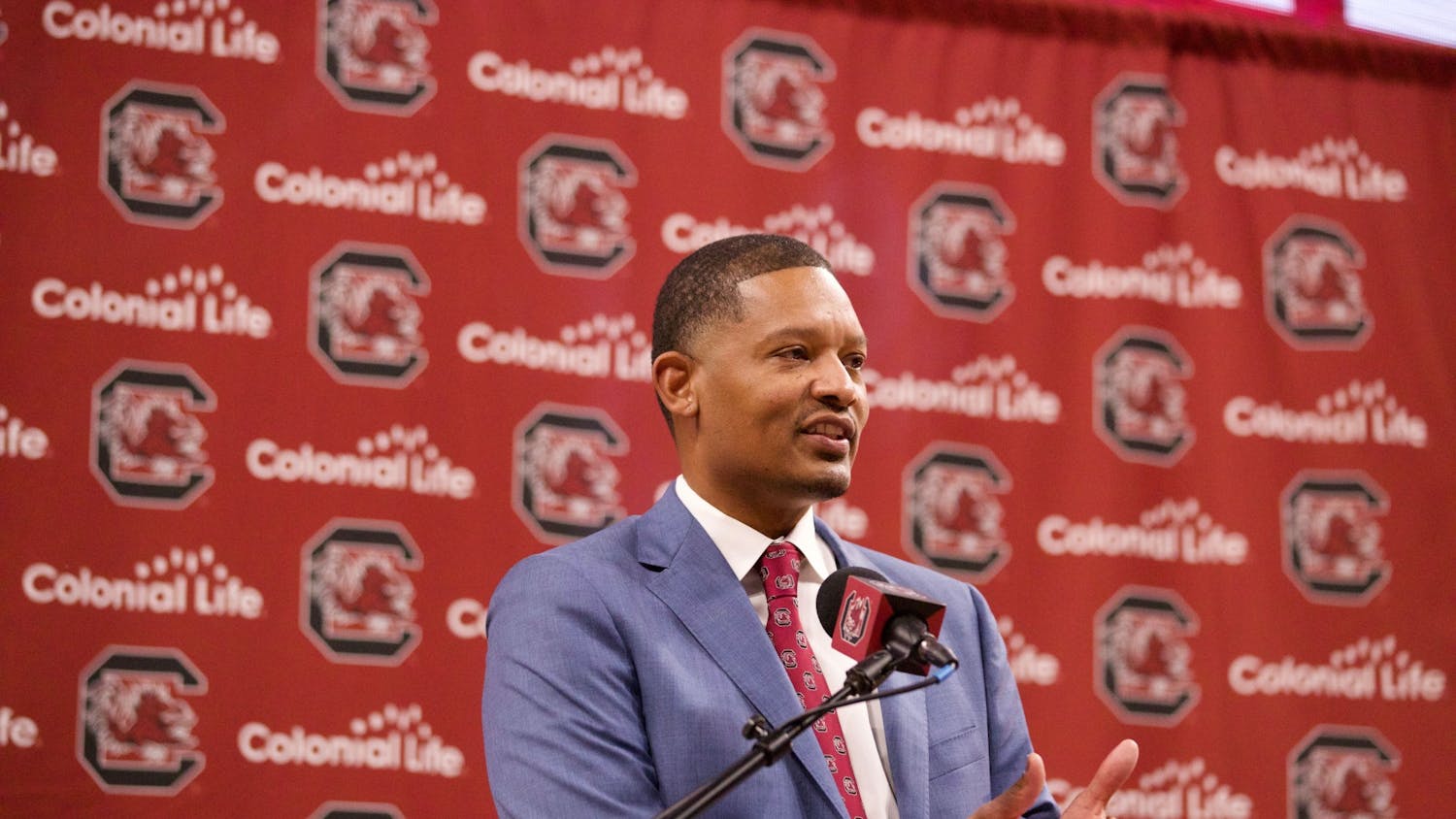 New men’s basketball coach Lamont Paris during his introductory press conference on March 24, 2022. The press conference was held on the floor of Colonial Life Arena.