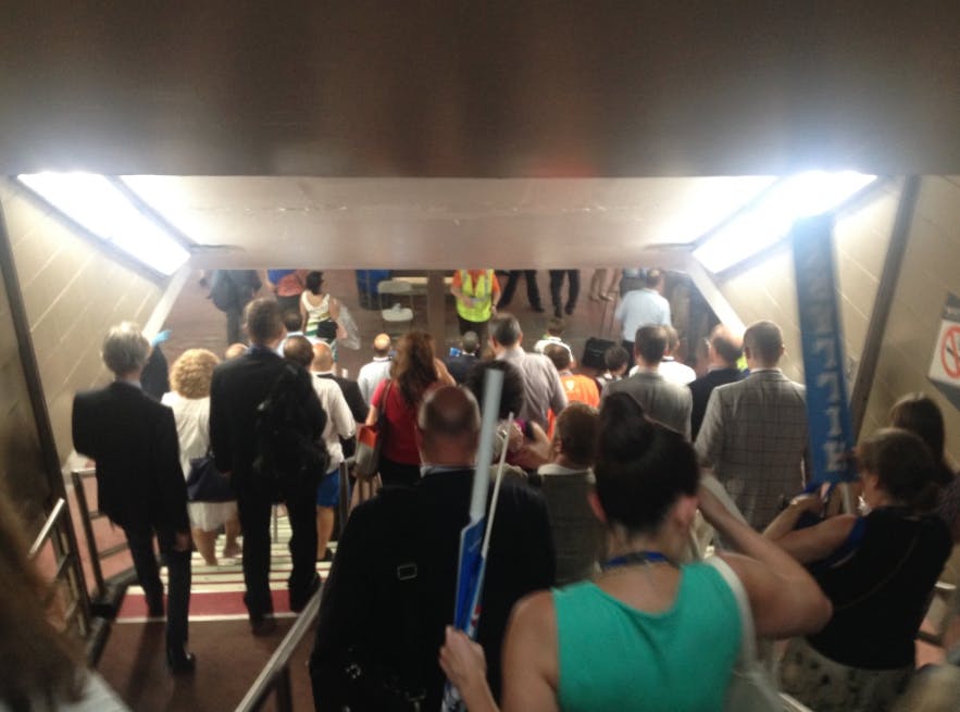 Delegates head for the exits at the close of the Democratic National Convention in Philadelphia on July 28, 2016.
