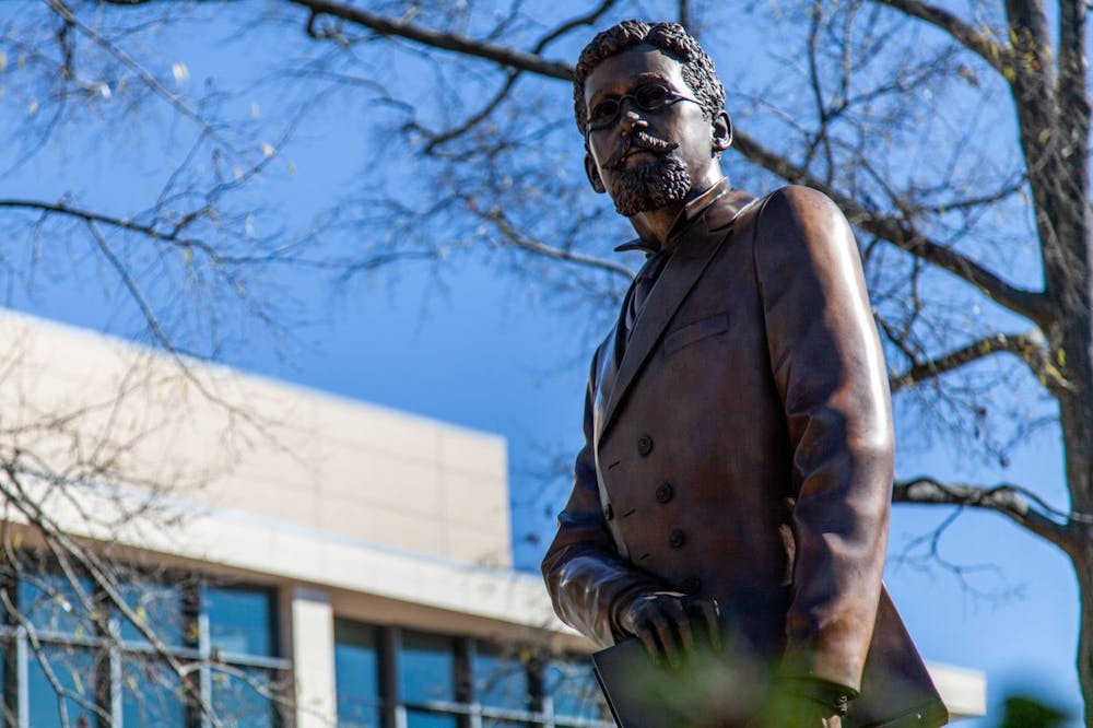 <p>The Richard T. Greener statue in front of the Thomas Cooper Library on Jan. 18, 2022 in Columbia, SC. Greener was the first African American professor at the University of South Carolina.</p>