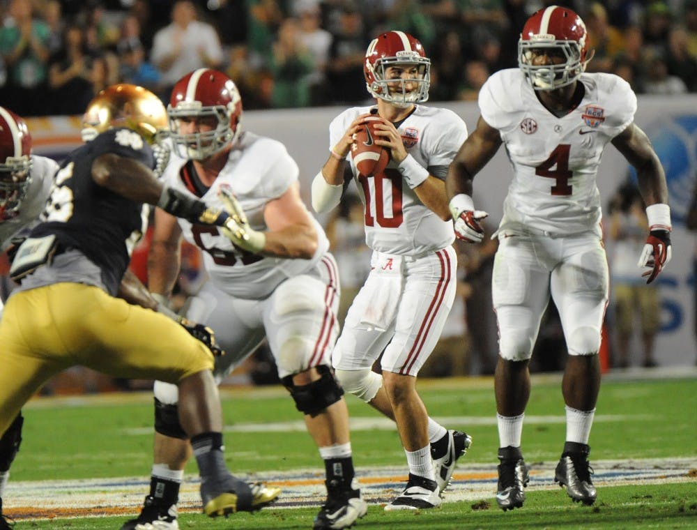 AJ McCarron of Alabama drops back to pass against Notre Dame during the BCS National Championship game at Sun Life Stadium in Miami Gardens, Florida, on Monday, January 7, 2013. (Jim Rassol/Sun Sentinel/MCT)