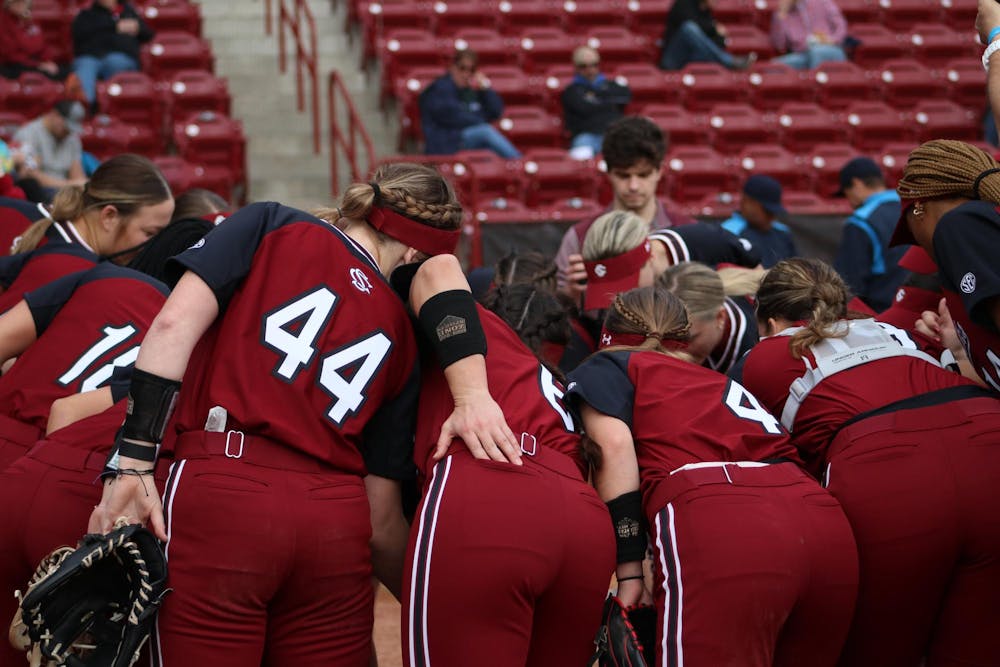 <p>The Gamecock Softball team huddles at Beckham Field before its 4-1 victory over the University of Delaware on Feb. 17, 2023. The Gamecocks enter the 2024 season ranked No. 23.</p>