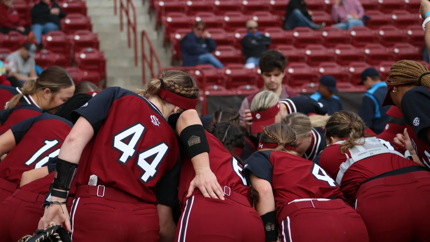The Gamecock Softball team huddles at Beckham Field before its 4-1 victory over the University of Delaware on Feb. 17, 2023. The Gamecocks enter the 2024 season ranked No. 23.