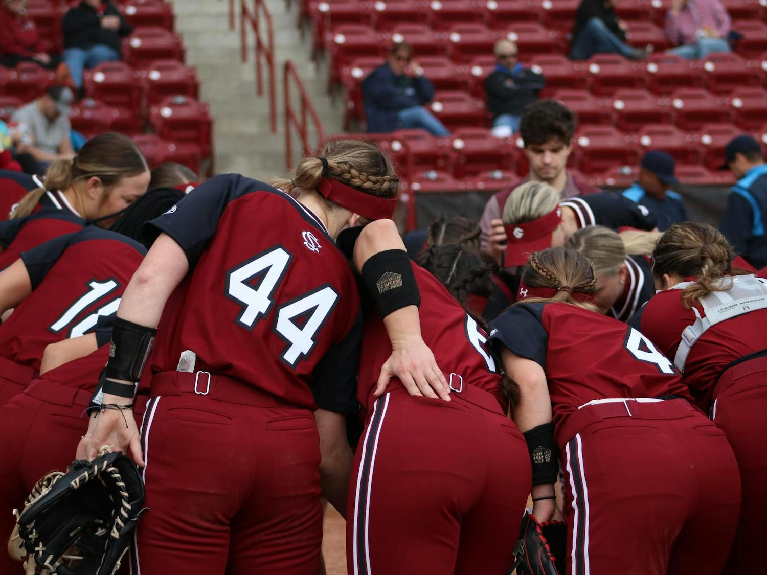 The Gamecock Softball team huddles at Beckham Field before its 4-1 victory over the University of Delaware on Feb. 17, 2023. The Gamecocks enter the 2024 season ranked No. 23.