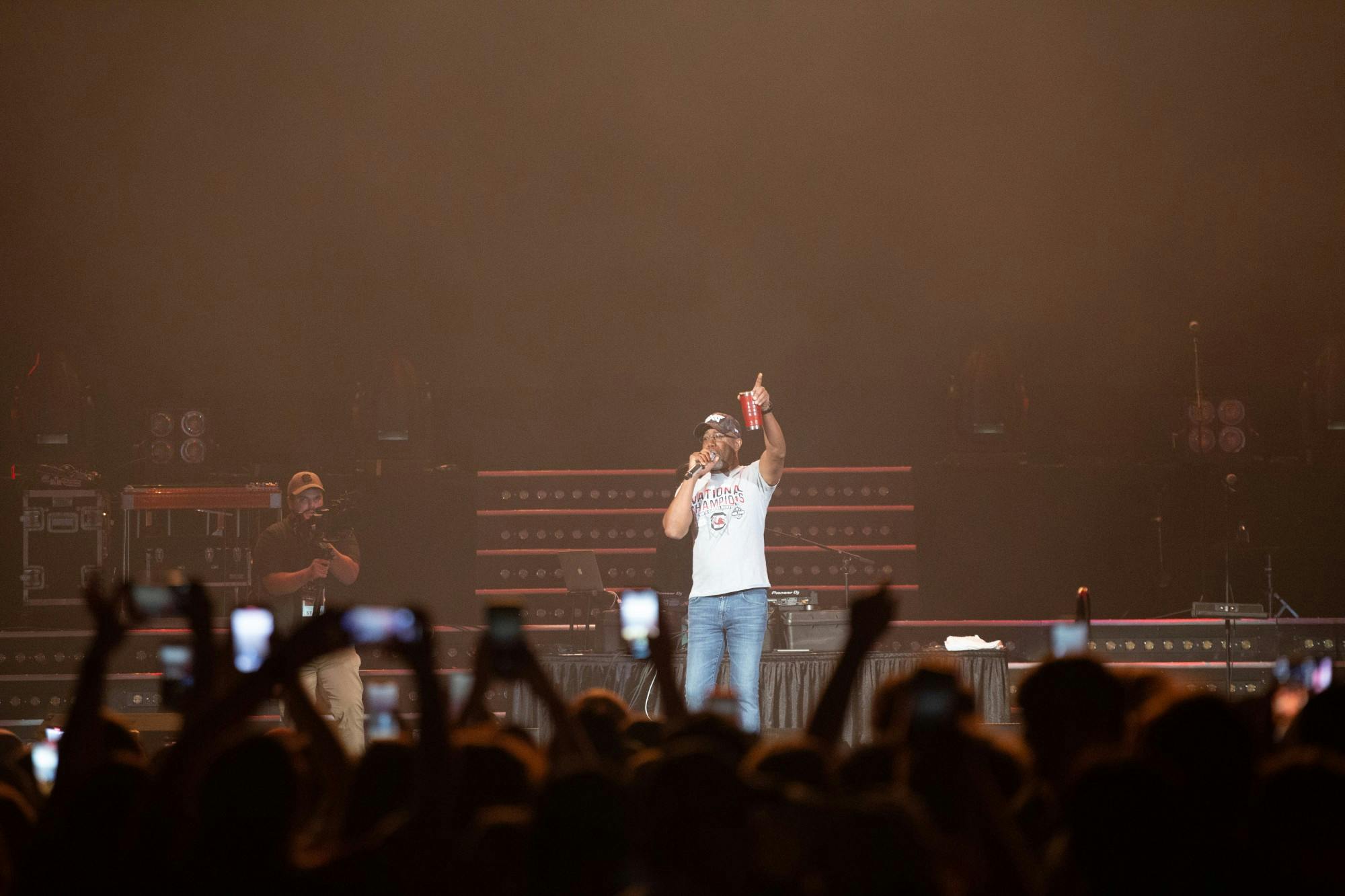 Darius Rucker greets the crowd of students prior to a concert at Colonial Life Arena on Sunday, April 24, 2022. The concert was held as a celebration for the women's basketball team.