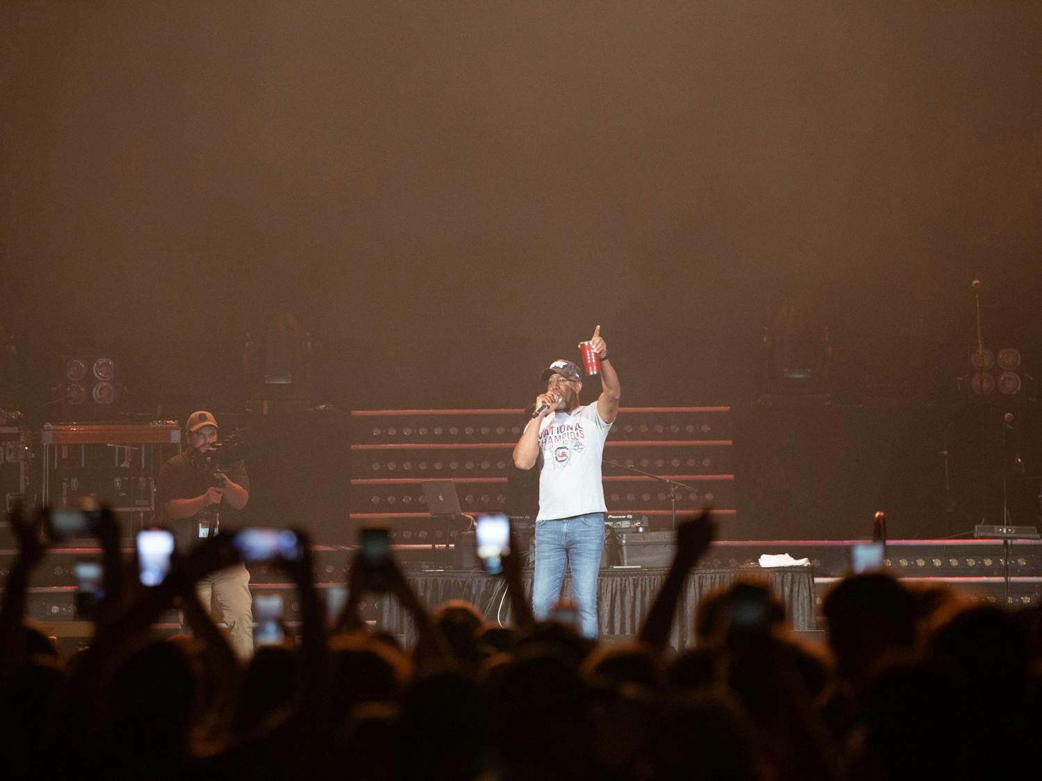 Darius Rucker greets the crowd of students prior to a concert at Colonial Life Arena on Sunday, April 24, 2022. The concert was held as a celebration for the women's basketball team.