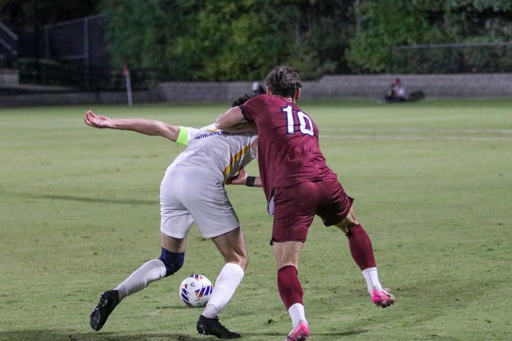 <p>Senior midfielder Ethan Ballek attempts to steal the ball from West Virginia during a match on Nov. 4, 2025, at Stone Stadium. The Gamecocks lost to the Mountaineers 1-2 in their last game of the season.</p>