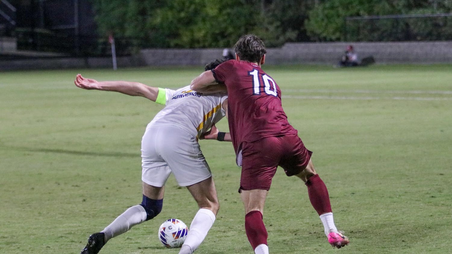 Senior midfielder Ethan Ballek attempts to steal the ball from West Virginia during a match on Nov. 4, 2025, at Stone Stadium. The Gamecocks lost to the Mountaineers 1-2 in their last game of the season.