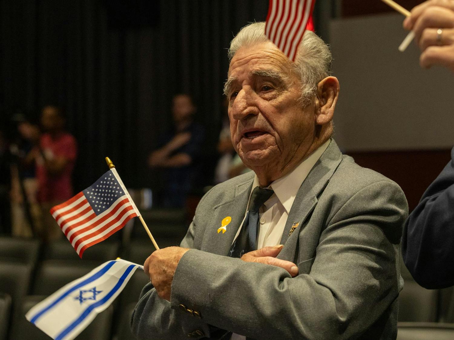 Windsor resident Charles Scalf sings the U.S. National Anthem at the conclusion of the Israel Solidarity Rally hosted by Gamecocks for Israel on Oct. 7, 2024. Scalf attended the rally alongside other members of his church, Calvary Baptist Church.