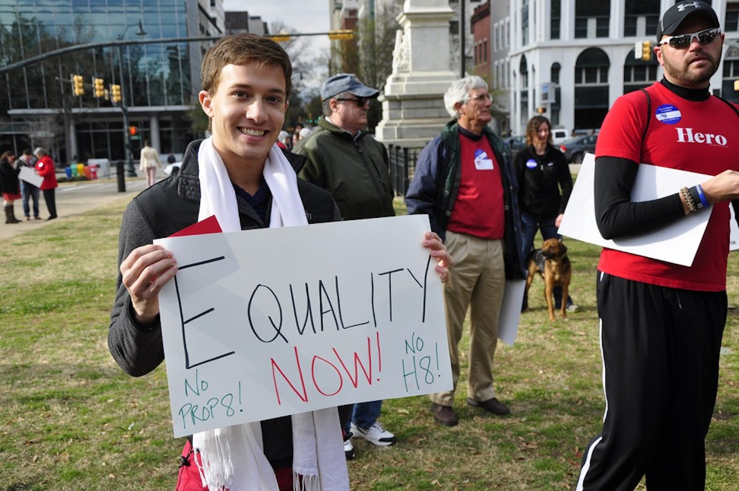 Second-year biology student Brice Duckworth shows support for same-sex marriage at the rally on Tuesday.