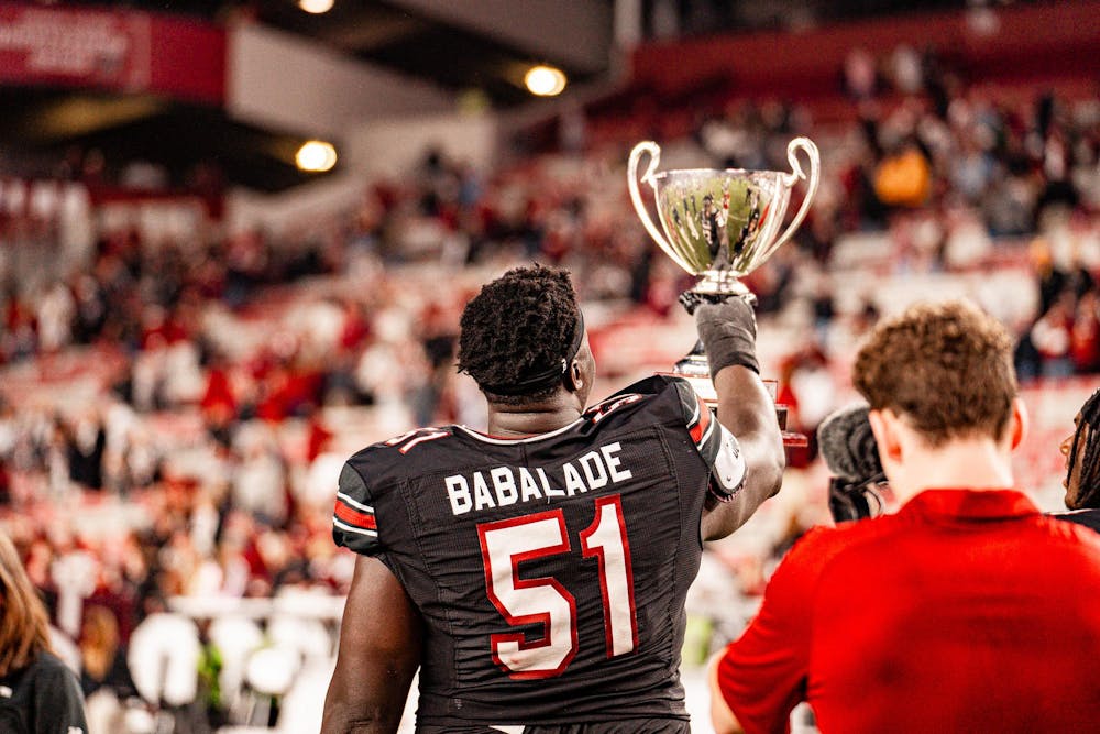 <p>FILE — Then-sophomore offensive lineman Tree Babalade celebrates South Carolina's win against the Mizzou Tigers on Nov. 16, 2024 at Williams-Brice Stadium. The Gamecocks will open the 2025 season against Virginia Tech on Aug. 31, 2025 at Mercedes-Benz Stadium in Atlanta, GA.</p>