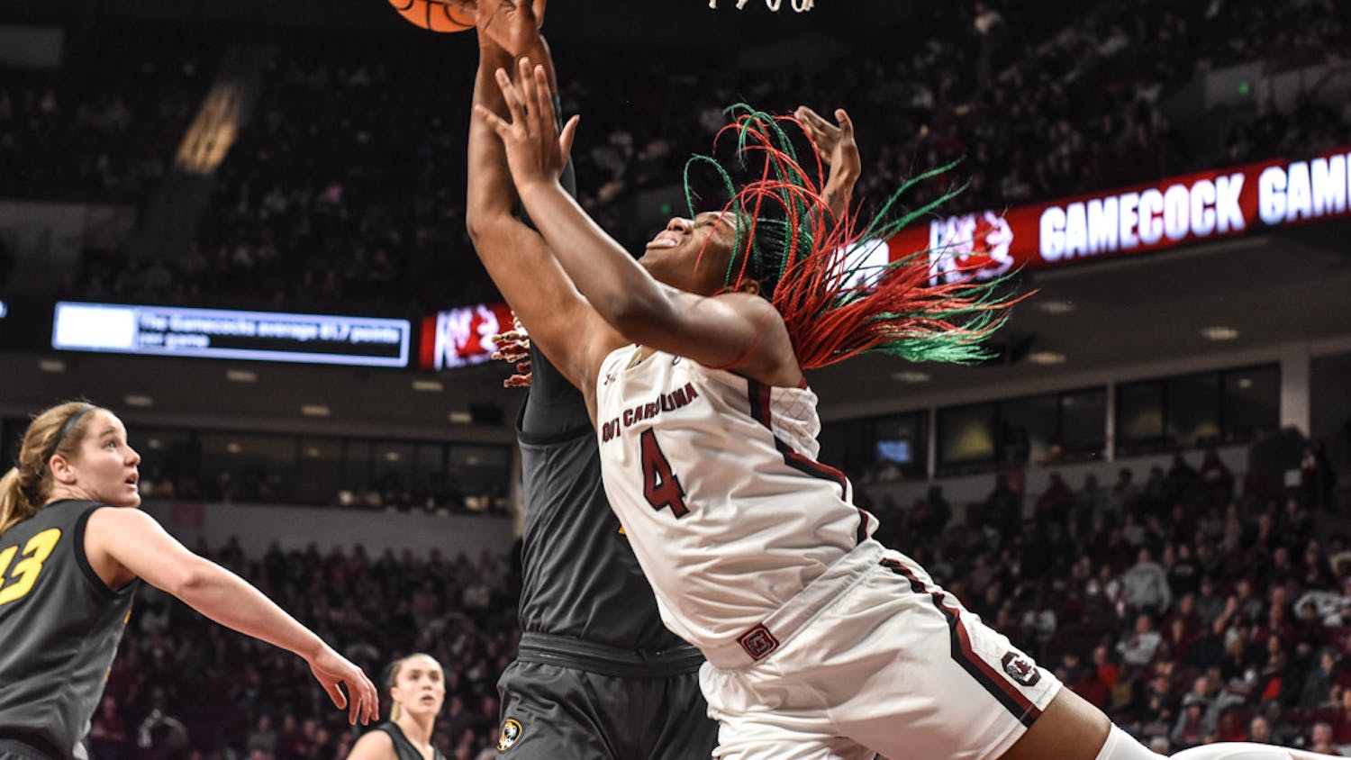 Senior forward Aliyah Boston blocks a Missouri shot during the game on Jan. 15, 2023. Boston scored 20 points and had 10 rebounds in the 81-50 win over the Tigers. 