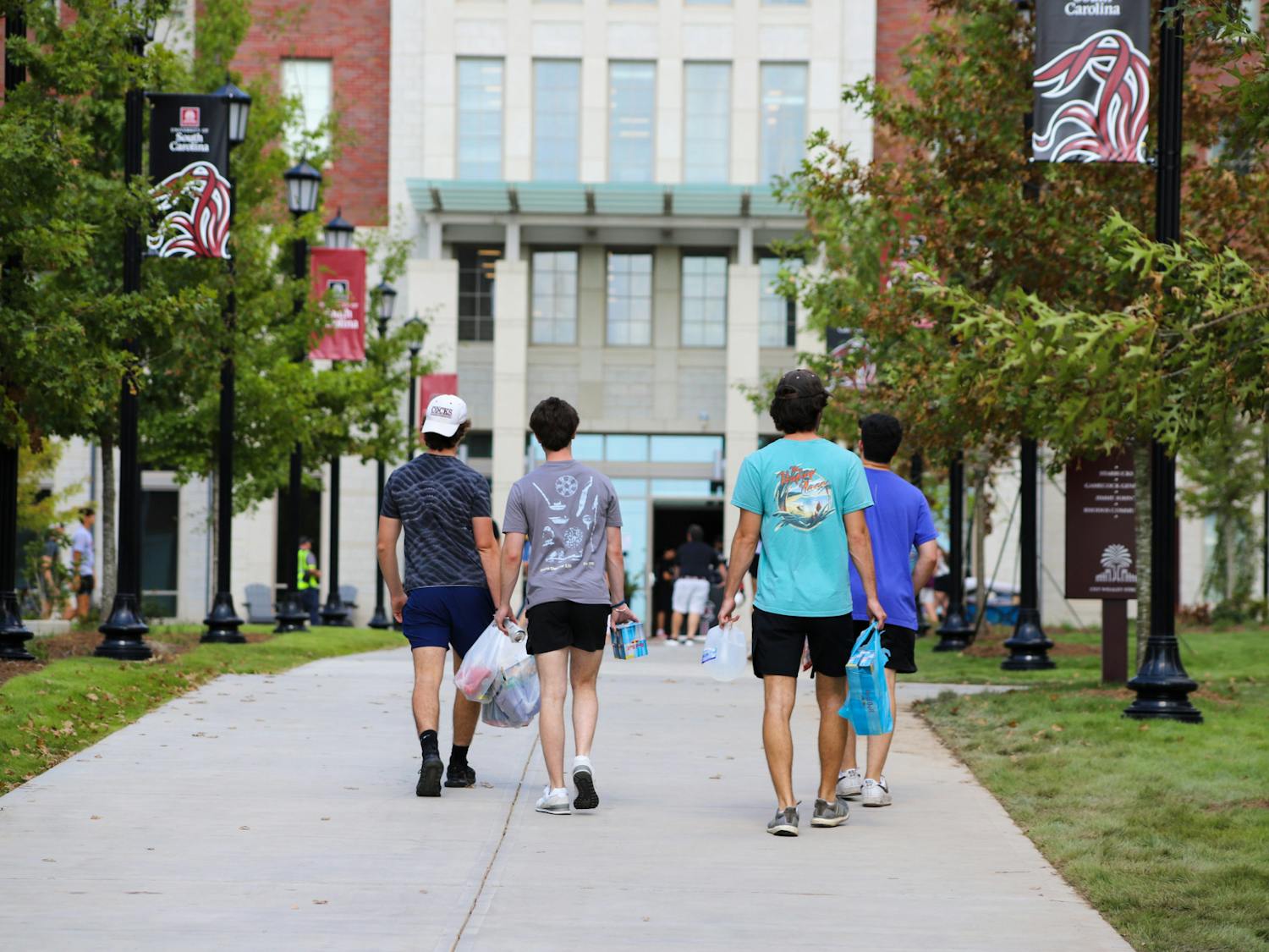 Students walk around Campus Village on Aug. 21, 2023. The four Campus Village dorms were built to accommodate the growing population of USC students.&nbsp;