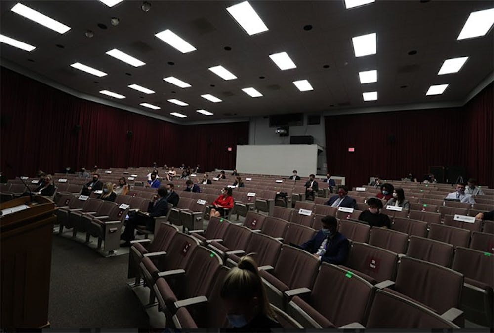 Student senate is held in the Russell House Theater. The chairs within the theater are marked to follow campus guidelines regarding COVID-19.
