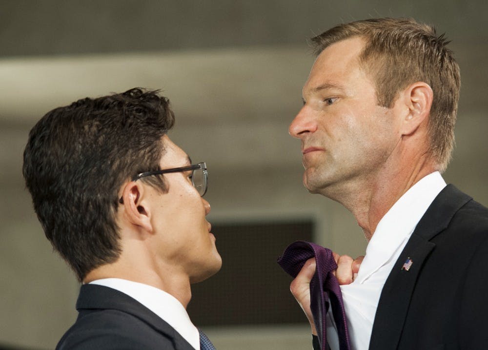 Rick Yune, left, and Aaron Eckhar star in &quot;Olympus Has Fallen.&quot; (Phil Caruso/FilmDistrict/MCT)