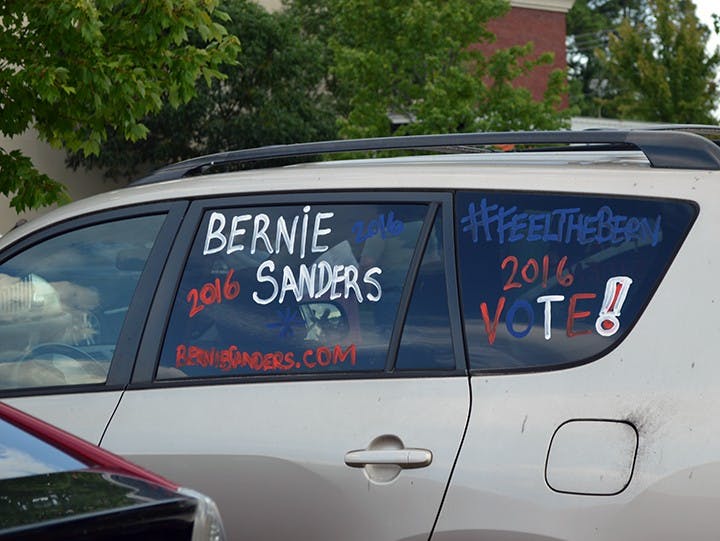 The parking lot outside of the Medallion Conference Center filled up well before Sanders took the podium.