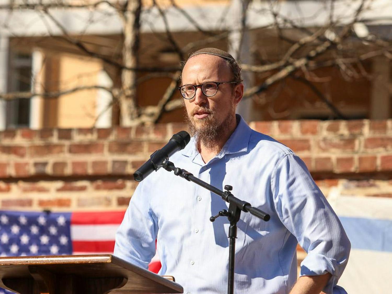 Rabbi Sruly Epstein speaks during a rally for Israel on Greene Street on Dec. 7, 2023. The Rabbi spoke about the ongoing efforts made by the campus community and the Gamecocks for Israel student organization in its approach to fighting antisemitism.