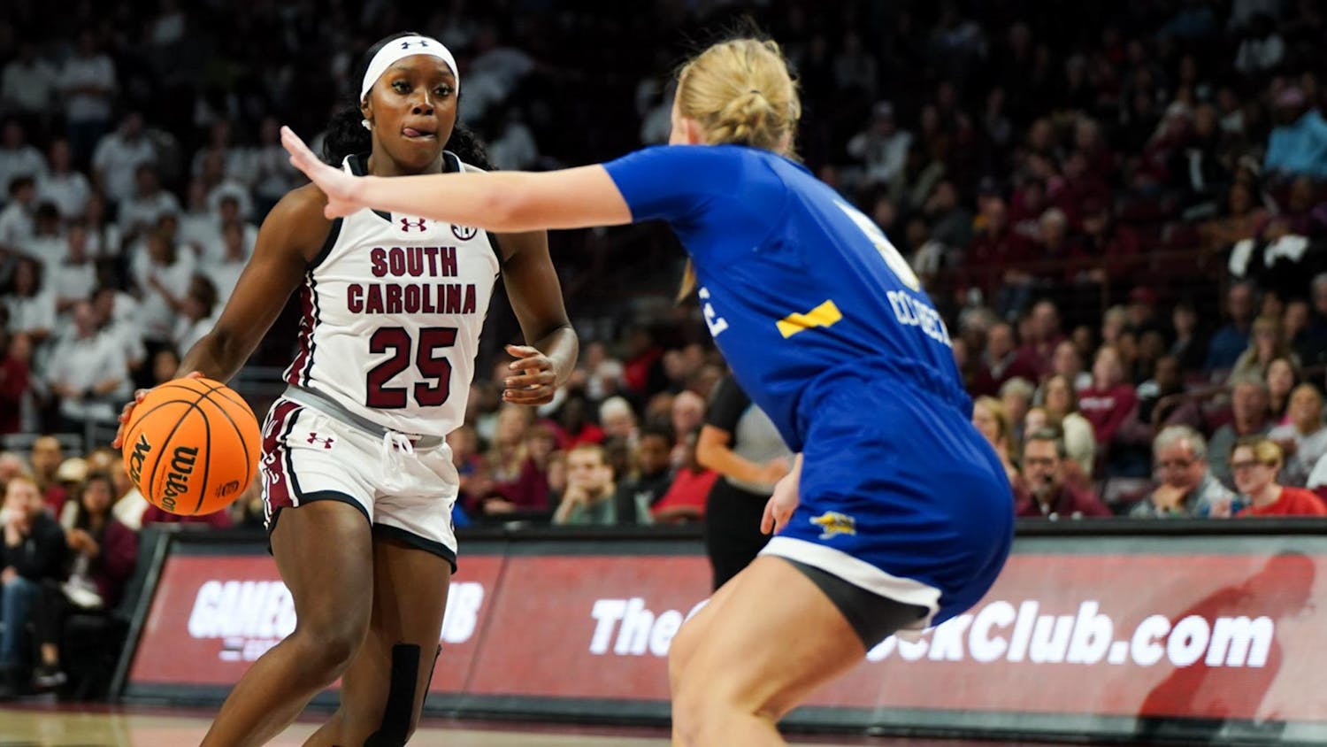 Sophomore guard Raven Johnson goes to move around a defender during the Gamecock women's basketball game against South Dakota State on Nov. 20, 2023. Johnson is averaging 8.3 points and 10.6 assists per game for the Gamecocks.