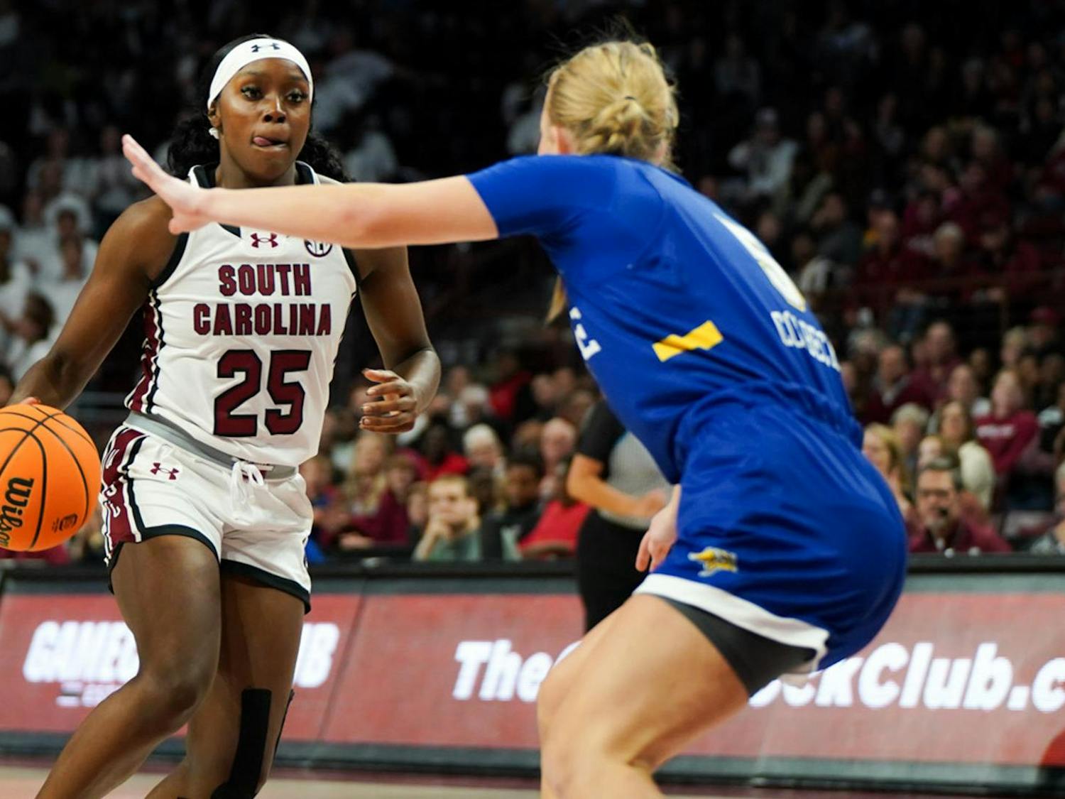 Sophomore guard Raven Johnson goes to move around a defender during the Gamecock women's basketball game against South Dakota State on Nov. 20, 2023. Johnson is averaging 8.3 points and 10.6 assists per game for the Gamecocks.