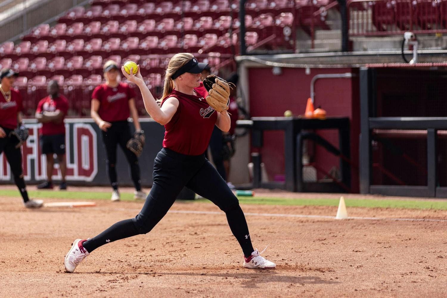 Fifth-year pitcher Alana Vawter throws the ball during a South Carolina softball practice. Vawter previously played at Stanford University, where she finished her four years within the top-five in wins, shutouts, strikeouts and innings pitched.