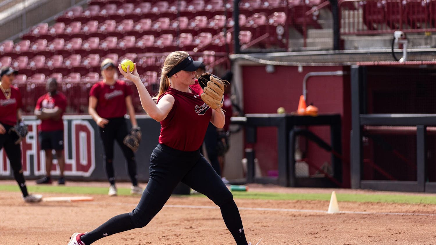 Fifth-year pitcher Alana Vawter throws the ball during a South Carolina softball practice. Vawter previously played at Stanford University, where she finished her four years within the top-five in wins, shutouts, strikeouts and innings pitched.