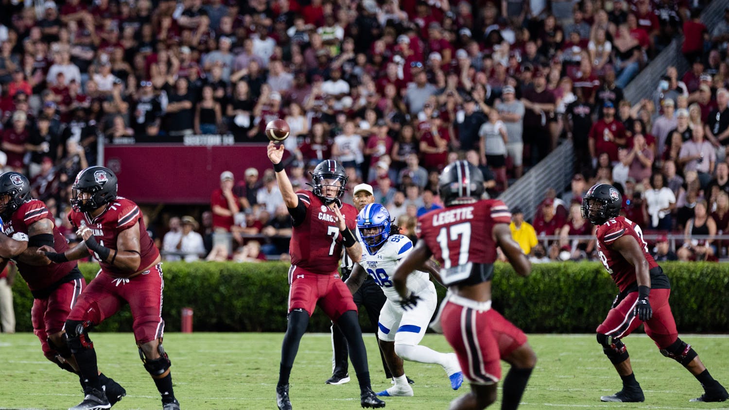 Redshirt junior quarterback Spencer Rattler passes a ball to senior wide receiver Xavier Legette during a game against Georgia State on Sept. 3, 2022. The Gamecocks won 35-14.  