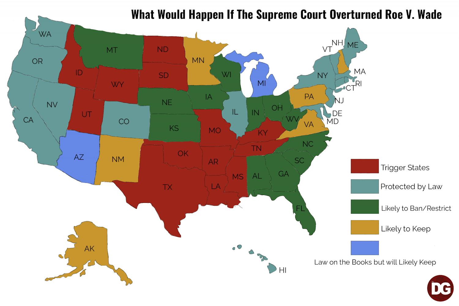 A graphic of the U.S. map that shows what each state is likely to do if Roe v. Wade is overturned.