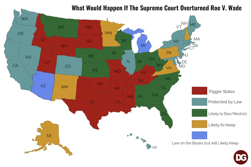 <p>A graphic of the U.S. map that shows what each state is likely to do if Roe v. Wade is overturned.</p>