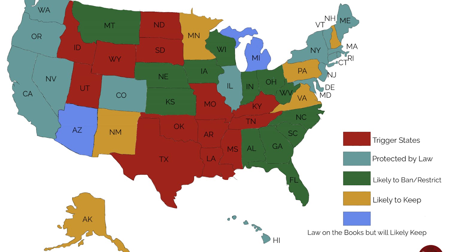 A graphic of the U.S. map that shows what each state is likely to do if Roe v. Wade is overturned.