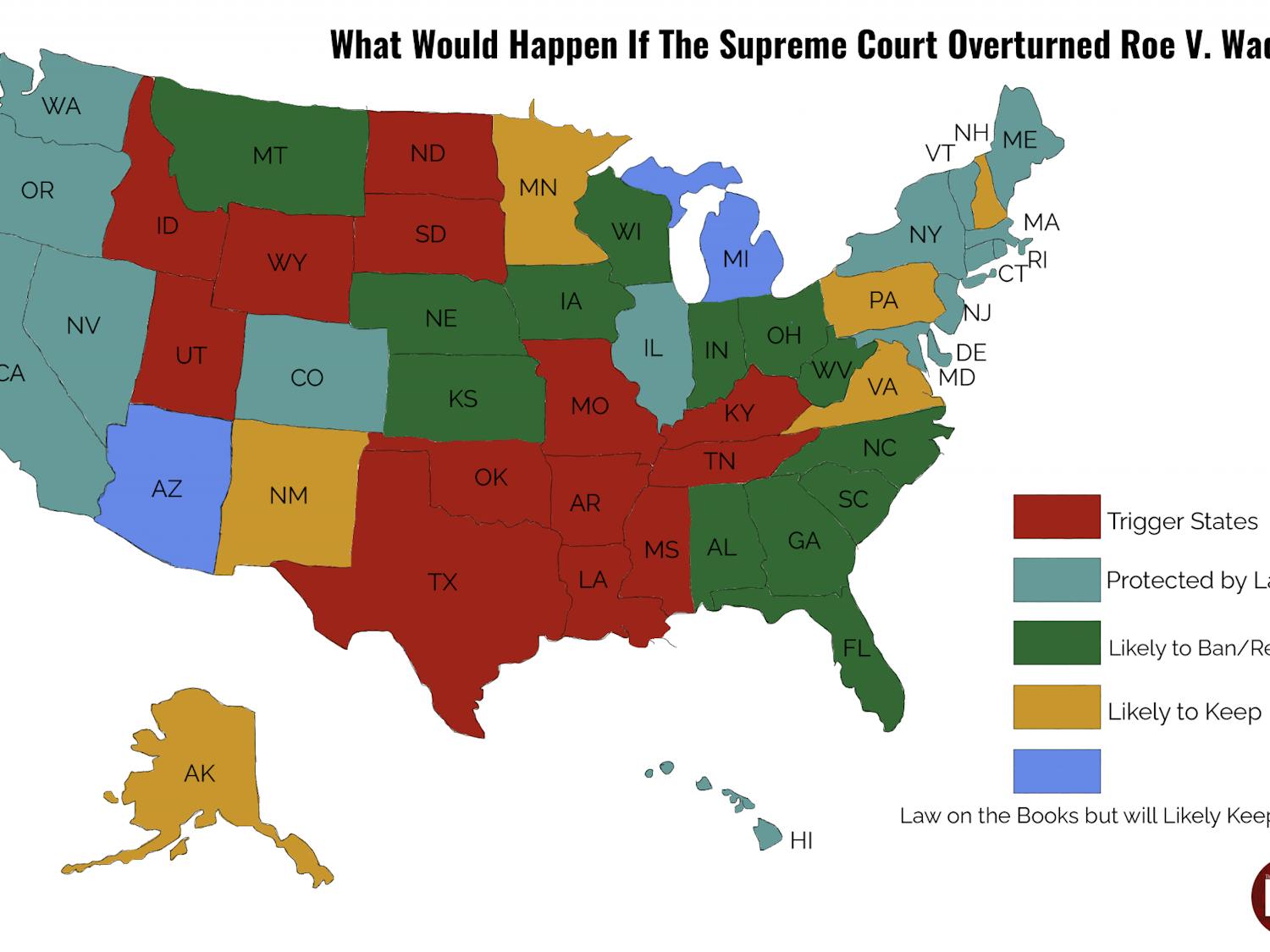 A graphic of the U.S. map that shows what each state is likely to do if Roe v. Wade is overturned.