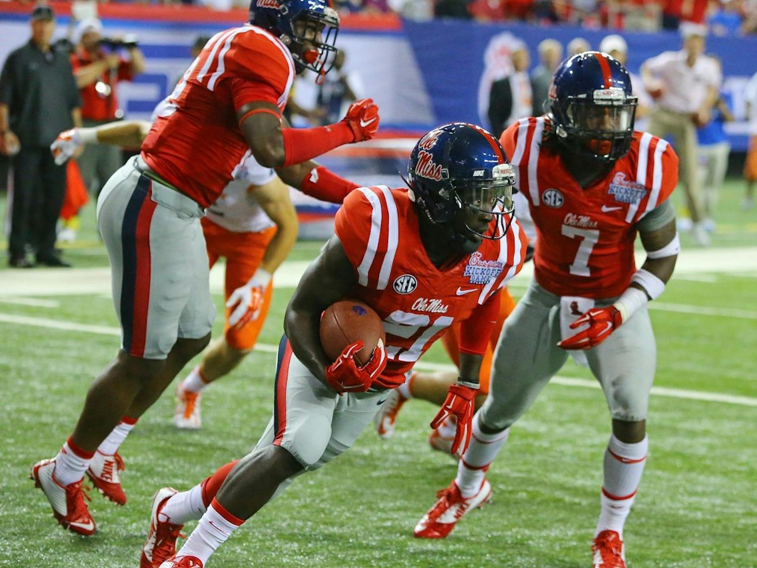 Mississippi defensive back Senquez Golson intercepts Boise State in the end zone during the first quarter at the Georgia Dome in Atlanta on Thursday, Aug. 28, 2014. (Curtis Compton/Atlanta Journal-Constitution/MCT)