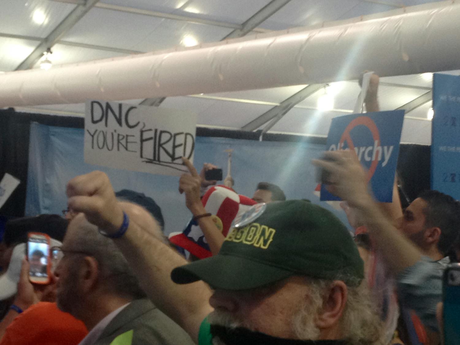 Bernie Sanders delegates protest inside the media center at the Democratic National Convention in Philadelphia on July 26, 2016.