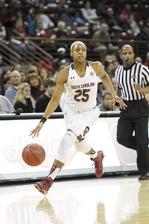 South Carolina junior Tiffany Mitchell led South Carolina with 15 points in the Gamecocks' 73-56 win over Arkansas Thursday night.  Mitchell has now scored in double-digits in 13 straight games and No. 2 South Carolina puts its 30-game home winning streak to test against No. 6 Tennessee on Monday. 